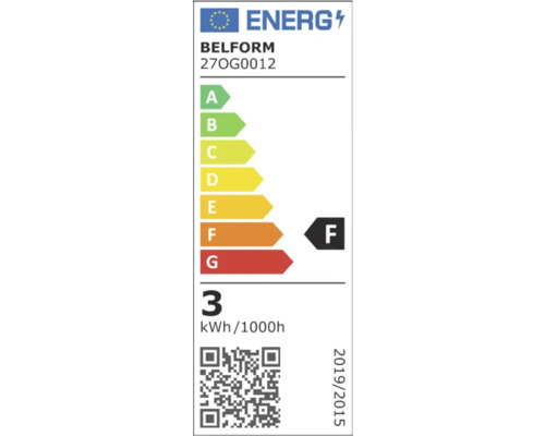 Etichetă energetică Belform, clasa de eficiență energetică F, consum de energie 3 kWh la 1000 de ore