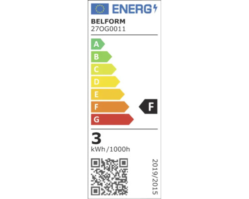 Etichetă energetică Belform cu clasa de eficiență energetică F și un consum de 3 kilowați oră la 1000 de ore