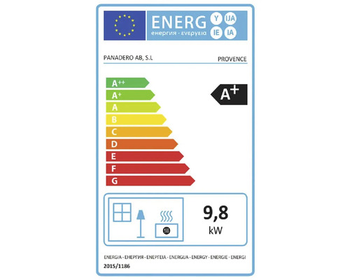 Etichetă energetică pentru sobă cu clasa de eficiență energetică A+ și o putere termică nominală de 9,8 kilowați
