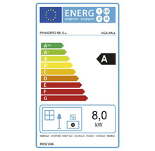 Etichetă energetică pentru un șemineu pe lemne cu clasa de eficiență energetică A și o putere de 8,0 kilowați
