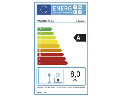 Etichetă energetică pentru un șemineu pe lemne cu clasa de eficiență energetică A și o putere de 8,0 kilowați