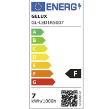 Etichetă energetică Gelux GL-LED1R5007 cu clasa de eficiență energetică F și un consum de 7 kWh la 1000 de ore.