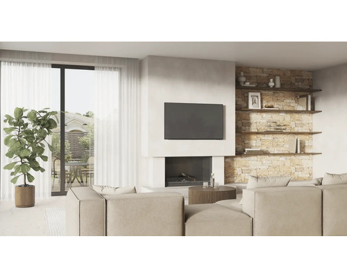 Living cu canapea, televizor și șemineu