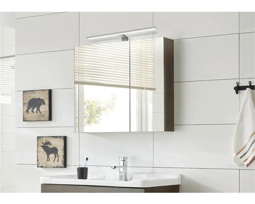 Baie modernă cu dulap cu oglindă, lavoar și decorațiuni de perete