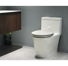 Toaletă albă cu vas ceramic și rezervor și decor pe capacul toaletei în baie.