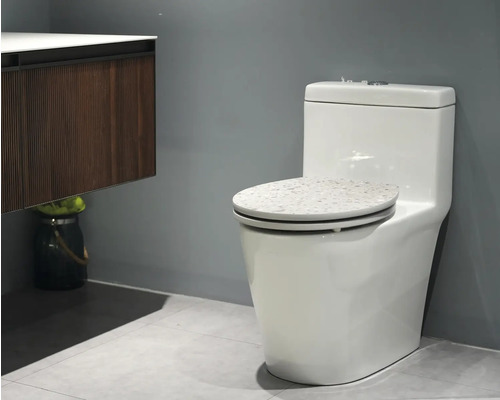 Toaletă albă cu vas ceramic și rezervor și decor pe capacul toaletei în baie.