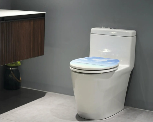 Toaletă cu capac de toaletă cu tematică de plajă într-o baie