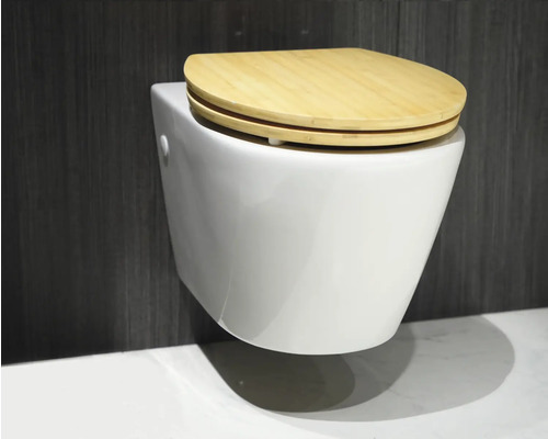 Toaletă suspendată cu spălare adâncă și scaun din bambus