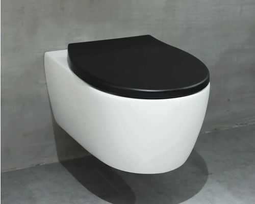 Toaletă suspendată cu spălare profundă și capac negru pentru vasul de toaletă