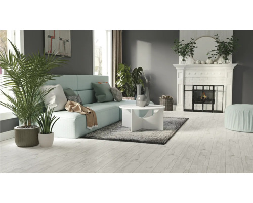 Cameră de zi cu canapea, măsuță de cafea, șemineu și plante de apartament pe podea de lemn deschisă la culoare