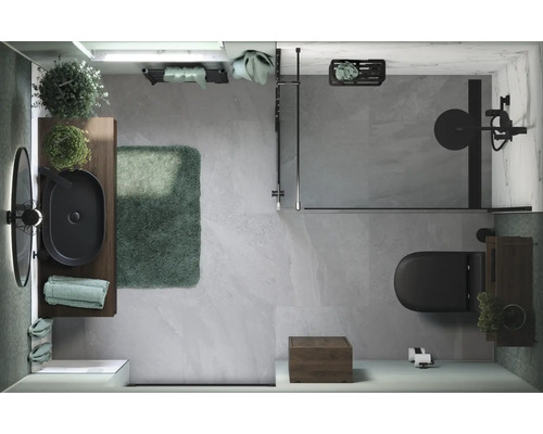 Vedere de sus a unei băi cu chiuvetă, oglindă, duș și toaletă