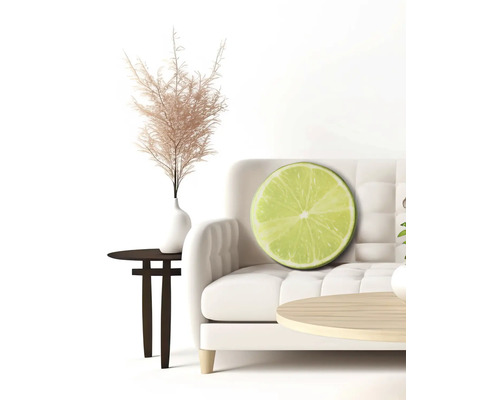 Scenă decorativă cu canapea, masă și pernă de lime