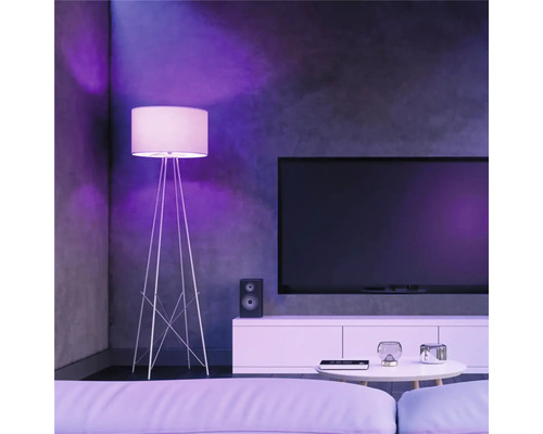 Living cu lampă de podea, televizor și canapea