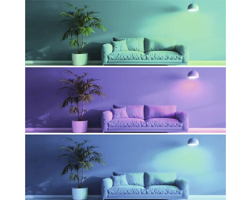 Trei scene cu o canapea, o plantă de interior și o lampă în diferite nuanțe de culoare