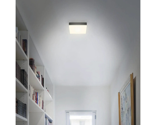 Lumină de plafon într-un hol cu o bibliotecă și un tablou.