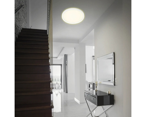 Zona de intrare luminoasă cu scară și lampă de tavan rotundă