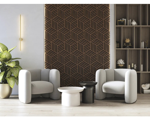 Cameră de zi cu două fotolii, măsuțe laterale, panouri de perete și bibliotecă