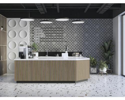 Fotografie de interior a unei cafenele luminoase, cu tejghea, aparat de cafea, plante și elemente decorative pe perete.