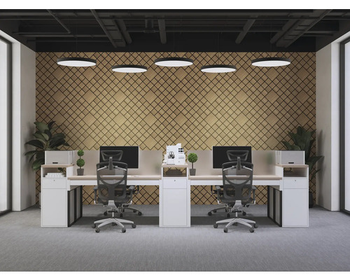 Birou luminos cu birouri, scaune de birou și computere