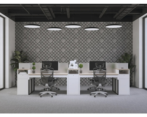 Spațiu de lucru de birou cu birouri, scaune de birou și rafturi într-un birou modern