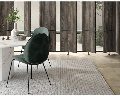 Scenă cu masă de sufragerie, scaune, covor și separator de cameră din lemn