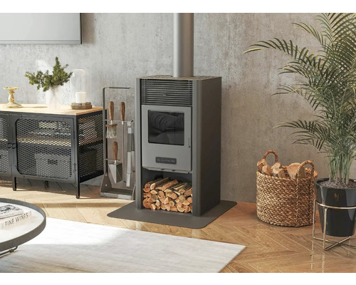 Cameră de zi cu sobă, coș pentru lemne și plantă de interior