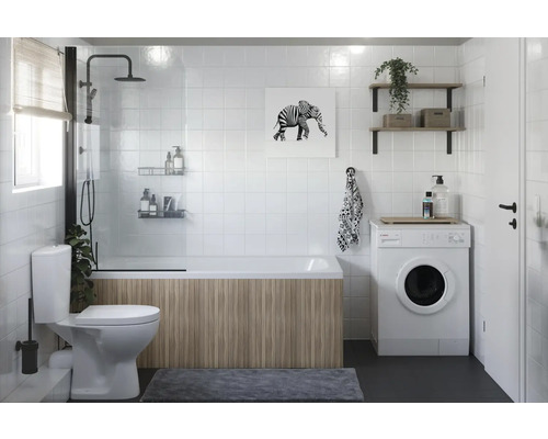 Baie cu cadă, paravan de duș, mașină de spălat, toaletă și chiuvetă