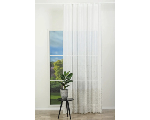 Cortină în fața ferestrei cu o plantă pe masă