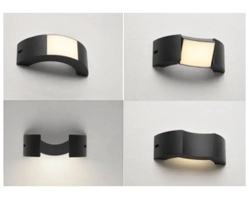 Patru vederi ale unei lămpi de perete negre cu iluminare LED.