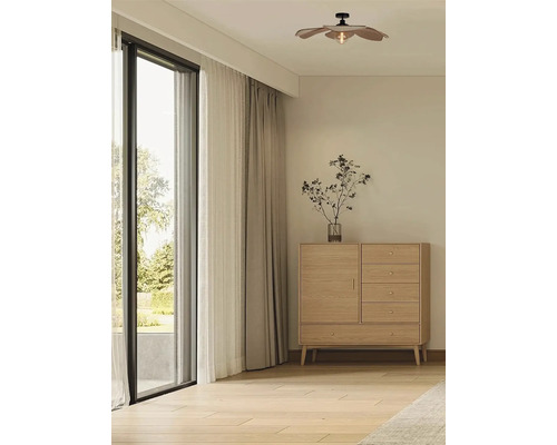 Cameră de zi cu dulap, plafonieră și fereastră cu perdele.