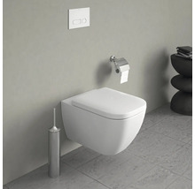 Scenă cu o toaletă suspendată, o perie de toaletă și un suport de hârtie igienică