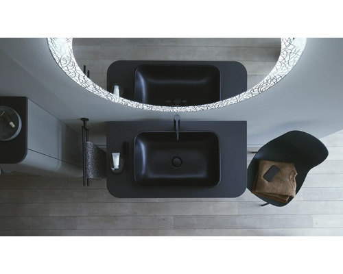 Baie cu două lavoare negre aplicate, oglindă iluminată și scaun