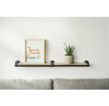 Raft de perete cu construcție tubulară, tablou și plantă de interior ca decor