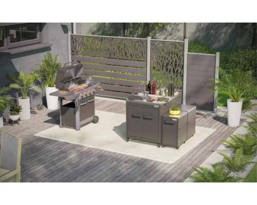 Spațiu exterior cu grătar, bucătărie exterioară și paravane de intimitate pe o terasă