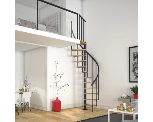 Fotografie de interior a unui spațiu de locuit cu o scară spiralată care duce la o zonă de dormit la mezanin