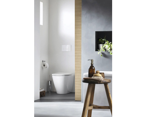 Baie modernă cu toaletă, buton de operare și taburet de baie