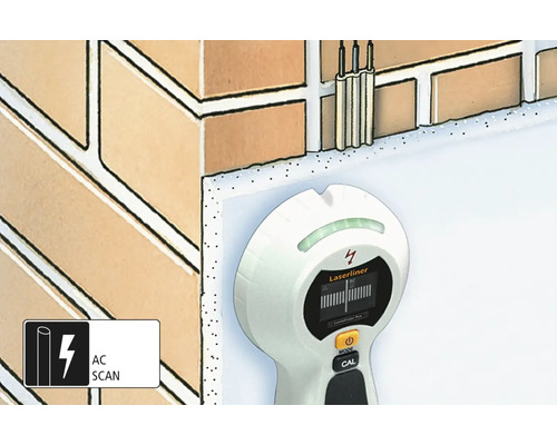 Detector Laserliner pentru localizarea cablurilor de curent alternativ într-un perete de cărămidă.