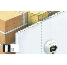 Ilustrație cu un detector Stud Scan care găsește un stâlp de lemn în spatele unui perete