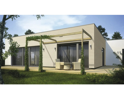 Casă prefabricată modernă cu terasă din lemn și pergolă în grădină.