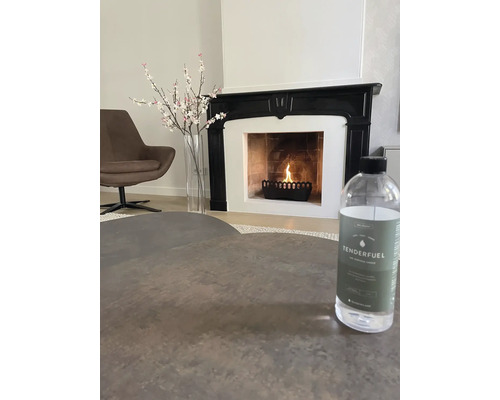 Cameră de zi cu șemineu, decorațiuni și combustibil Tenderfuel Bio-Ethanol pe masă.