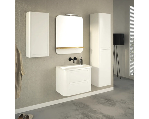 Baie cu dulap de bază pentru lavoar, dulap cu oglindă și dulap înalt în alb