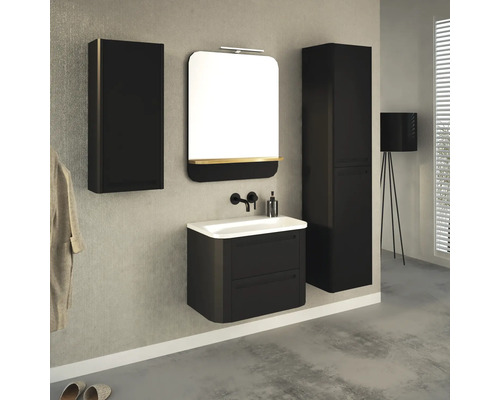 Set modern de baie cu dulap negru sub chiuvetă, dulap cu oglindă și dulap înalt pentru un ambient stilat.