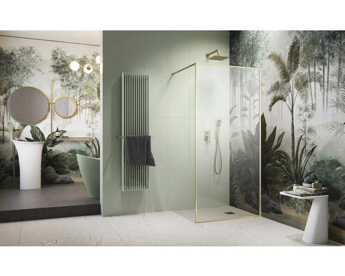 Baie cu duș, chiuvetă, oglindă și radiator într-un design modern cu motive vegetale