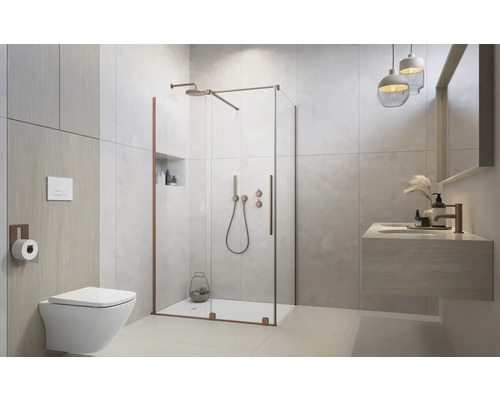 Baie modernă cu duș, toaletă și chiuvetă