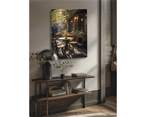 Tablou de perete cu scene de cafenea deasupra unei console în camera de zi