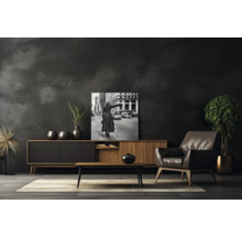 Living cu comodă, fotoliu, măsuță de cafea, plantă de interior și fotografie alb-negru înrămată