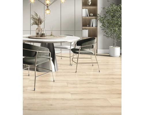 Sufragerie cu masă, scaune și gresie de podea cu aspect de lemn