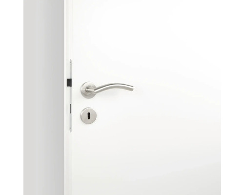 Ușă interioară albă cu mâner și broască argintie