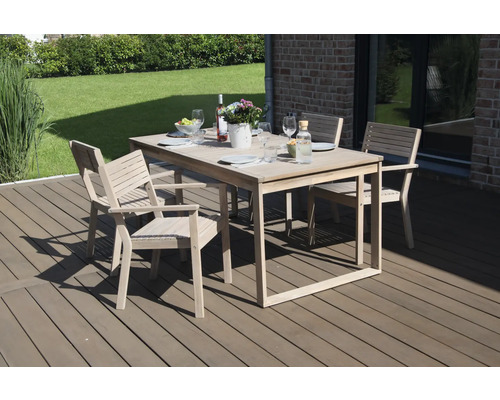 Scenă de grădină cu masă de sufragerie și patru scaune pe o terasă cu decorațiuni