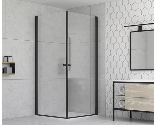 Cabină de duș pe colț cu cadru negru în baie